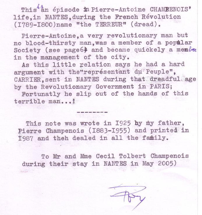 Note from Pierre Champenois to Cecil Champenois Jr. in May 1995